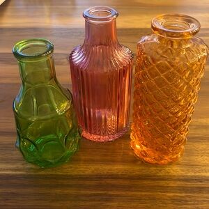Set of 3 vintage style glass bud vases - green, orange, and red/pink